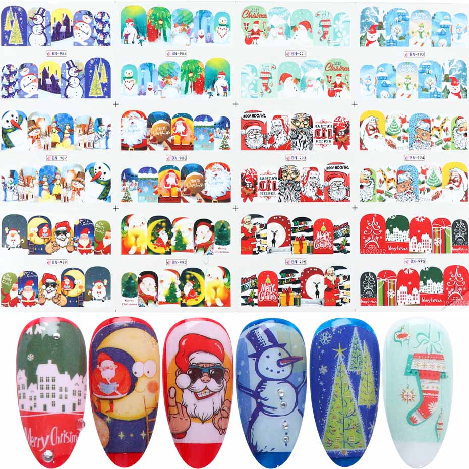 12 st jul nagelklistermärken set santa älg snögubbe vattenöverföringsreglage för naglar tecknad vinter år manikyr jibn/a -1: Bn985-996
