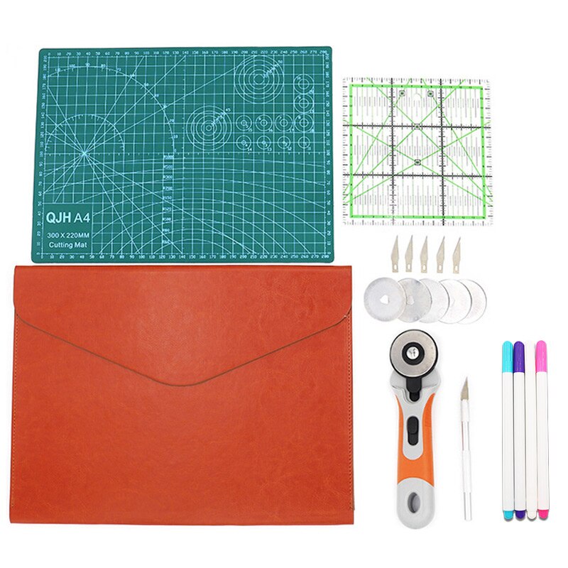 Sewing Kit Set Clothing Sewing Tools Hand Cutting Knife Set Patchwork Cloth Knife Patchwork Ruler DIY tool A4 cutting pad: Light Green