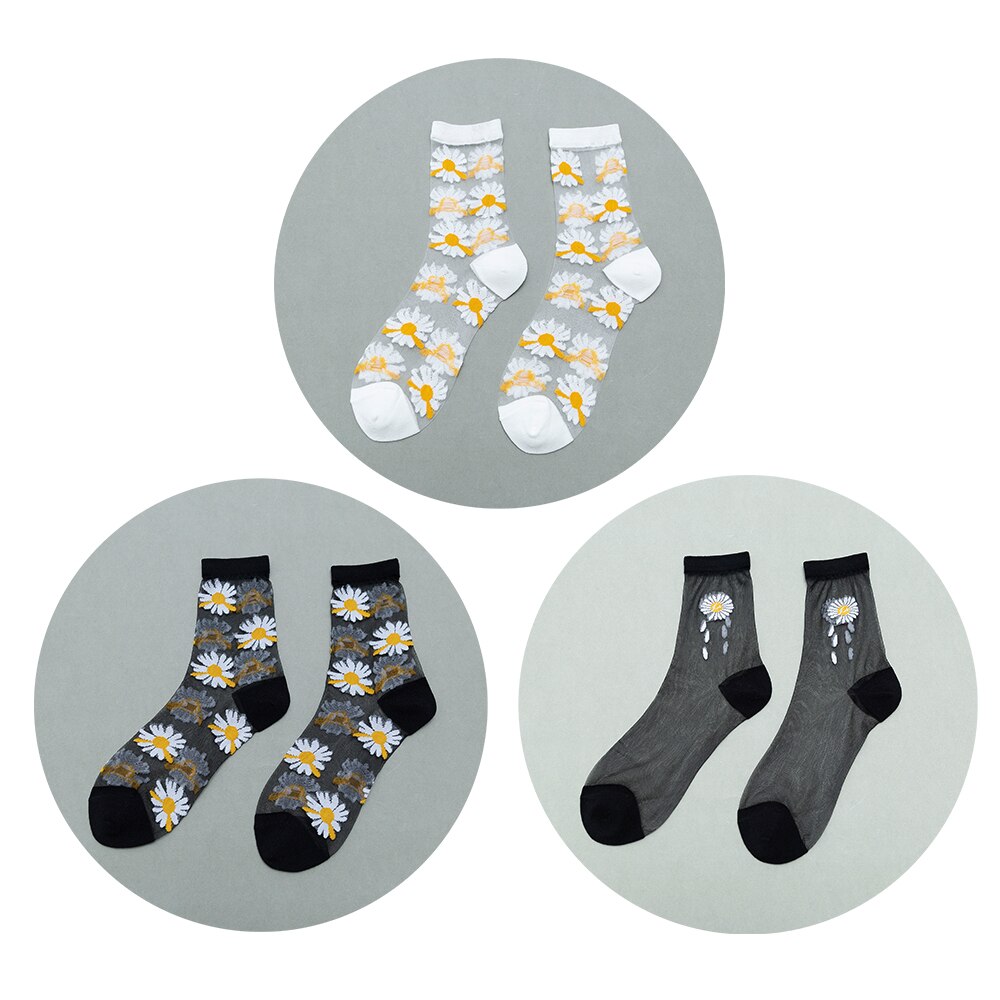3 paia di calze floreali da donna calze estive in cristallo di cristallo calze elastiche Jacquard trasparenti sottili a tubo corto medio: Borgogna