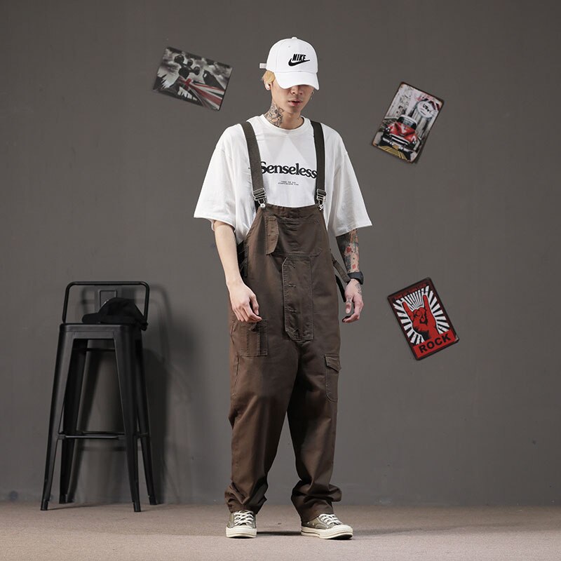Cotton Overalls Men Bib Loose Multi-Pocket Straight Jumpsuits Pants Street Casual Hip Hop Khaki Brown Trousers