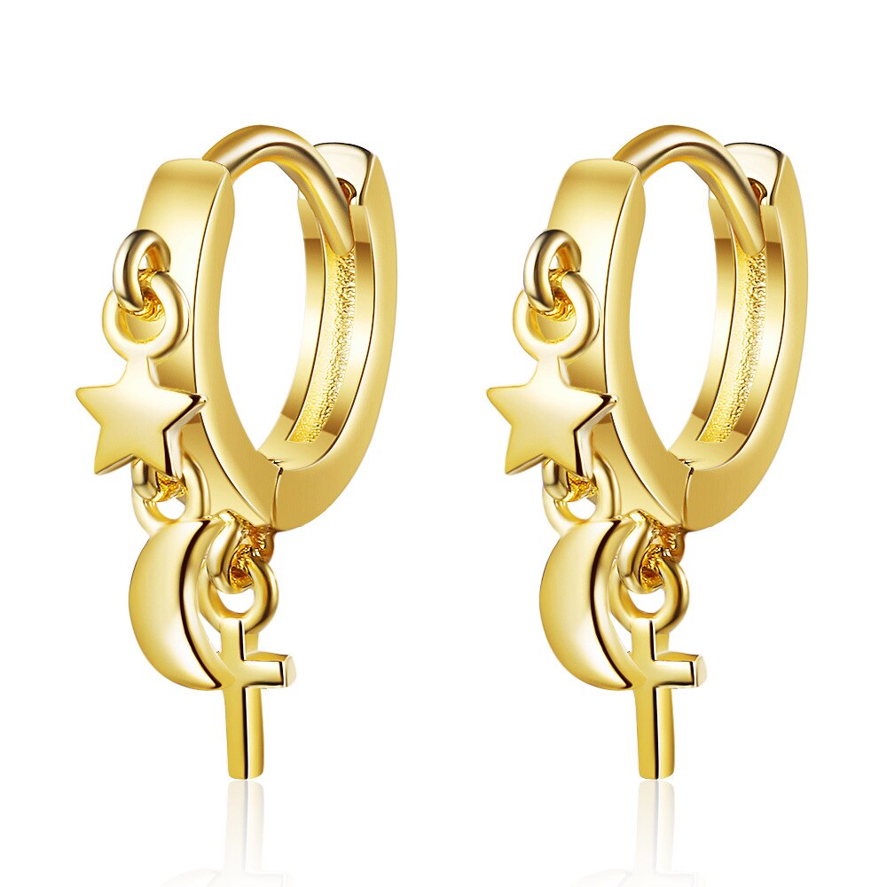 Pendientes sencillos de Plata de Ley 925 para mujer, aretes pequeños con botón de Luna y pequeña estrella, bisutería para hacer una declaración: gold color