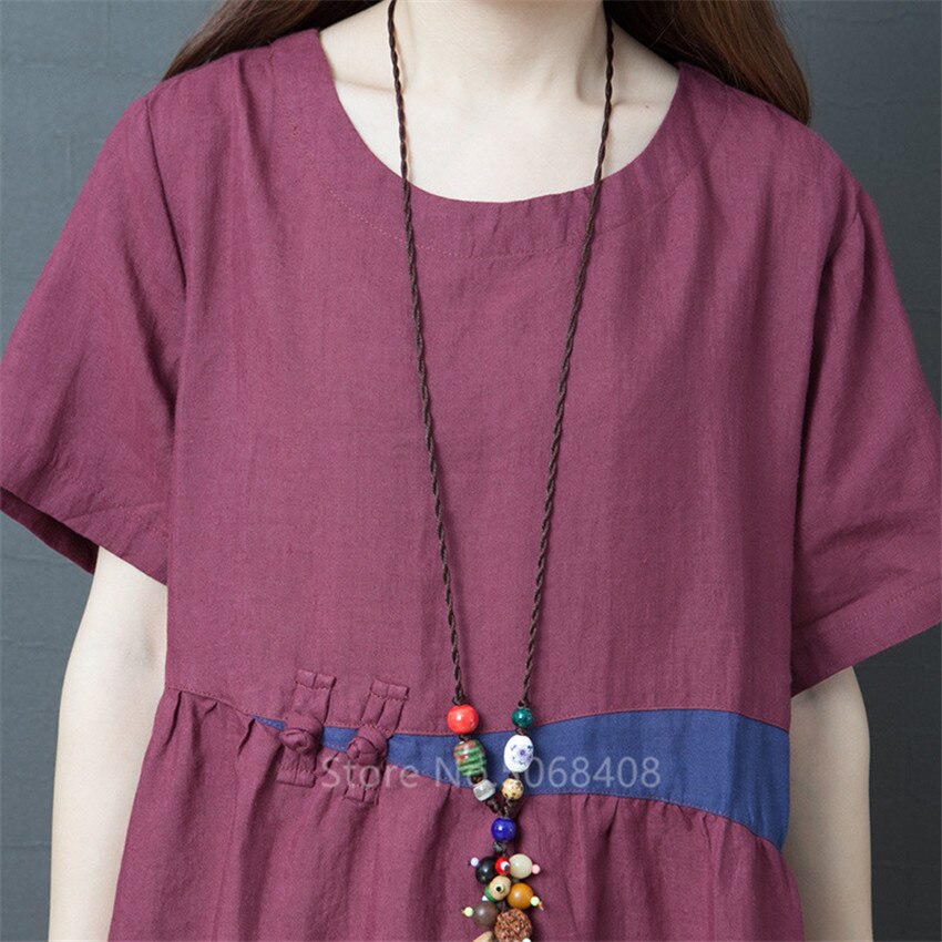 De manga corta verano las mujeres vestido de lino de algodón o-Cuello Vintage tradicional de talla grande de vacaciones Casual Midi vestido túnica