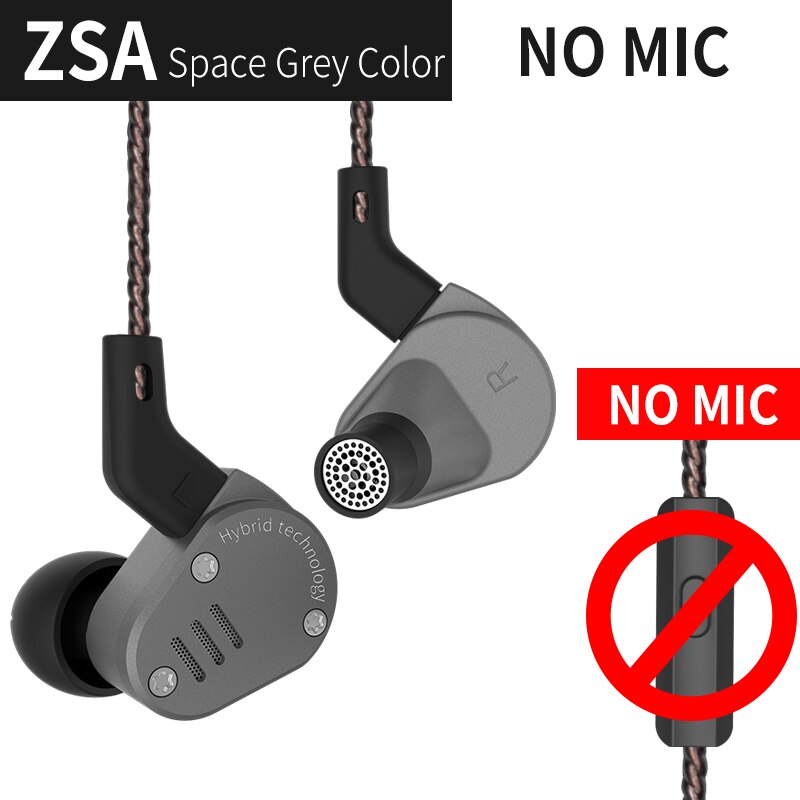 KZ ZSA-Armadura de auriculares intrauditivos de metal, híbrido, monitores deportivos, HiFi y bajos, con cancelación de ruido: ZSA Gray no mic