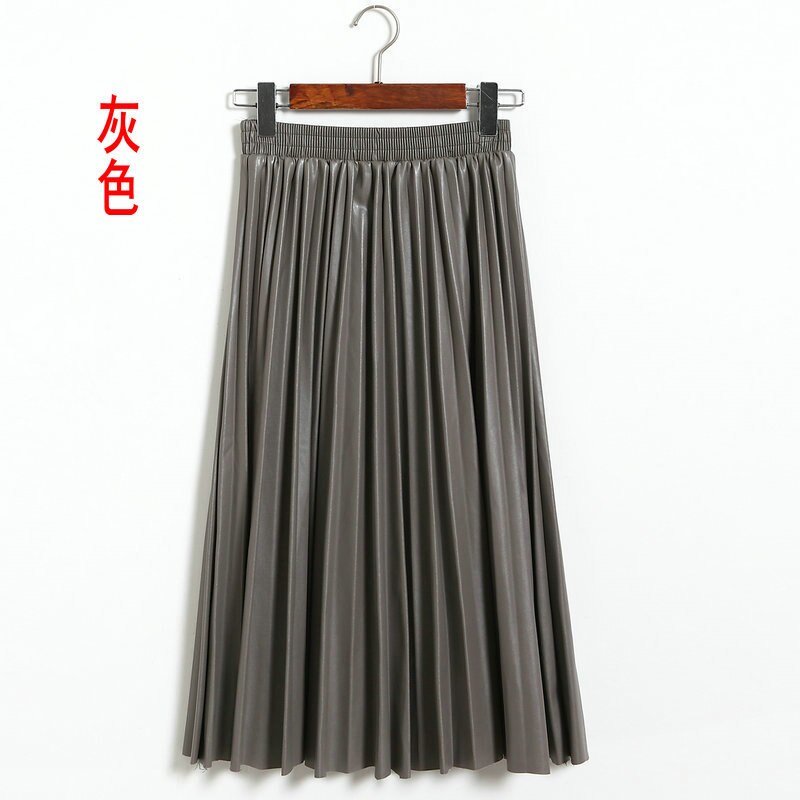 Kvinder højtaljede plisserede pu læder nederdele skater casual maxi nederdel lang  js020: B