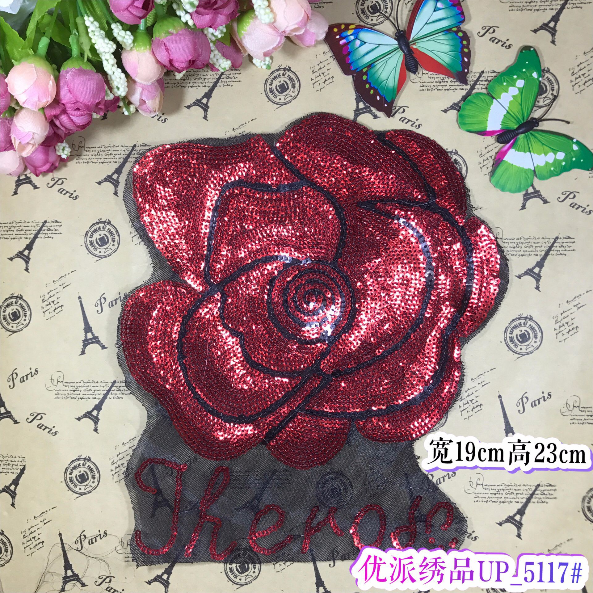 Accesorios de alta gama para ropa, bordado de cuentas de tela de flores de rosas, bordado hecho a mano, bordado de lentejuelas para manualidades