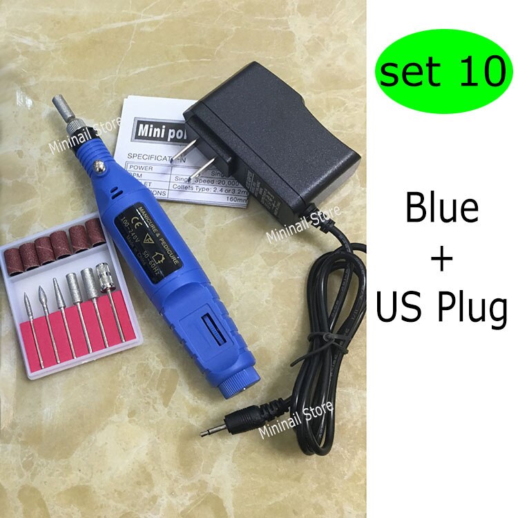 Mini nagelboorset met 6 bits, elektrische boormachines, manicure, stylingtool, pedicure, vijlen, vormgeven, voetverzorgingsproduct: Blauw - amerikaanse stekker