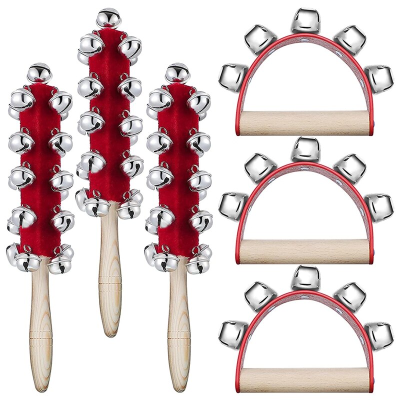 Boao 6 Pcs Chistmas Hand Jingle Bells Wooden Handle Sleigh