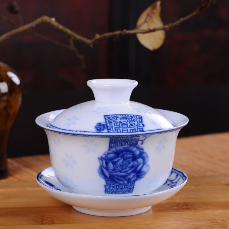Hvid porcelæn blå og hvid keramisk gaiwan te sæt kaffekop, kinesisk rejse te sæt, drinkware jingdezhen kop: 04