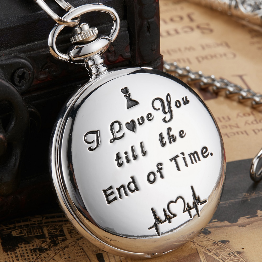 Reloj de bolsillo de cuarzo, de aniversario, reloj de bolsillo grabado I LOVE YOU con colgantes con collar de cadena, reloj de