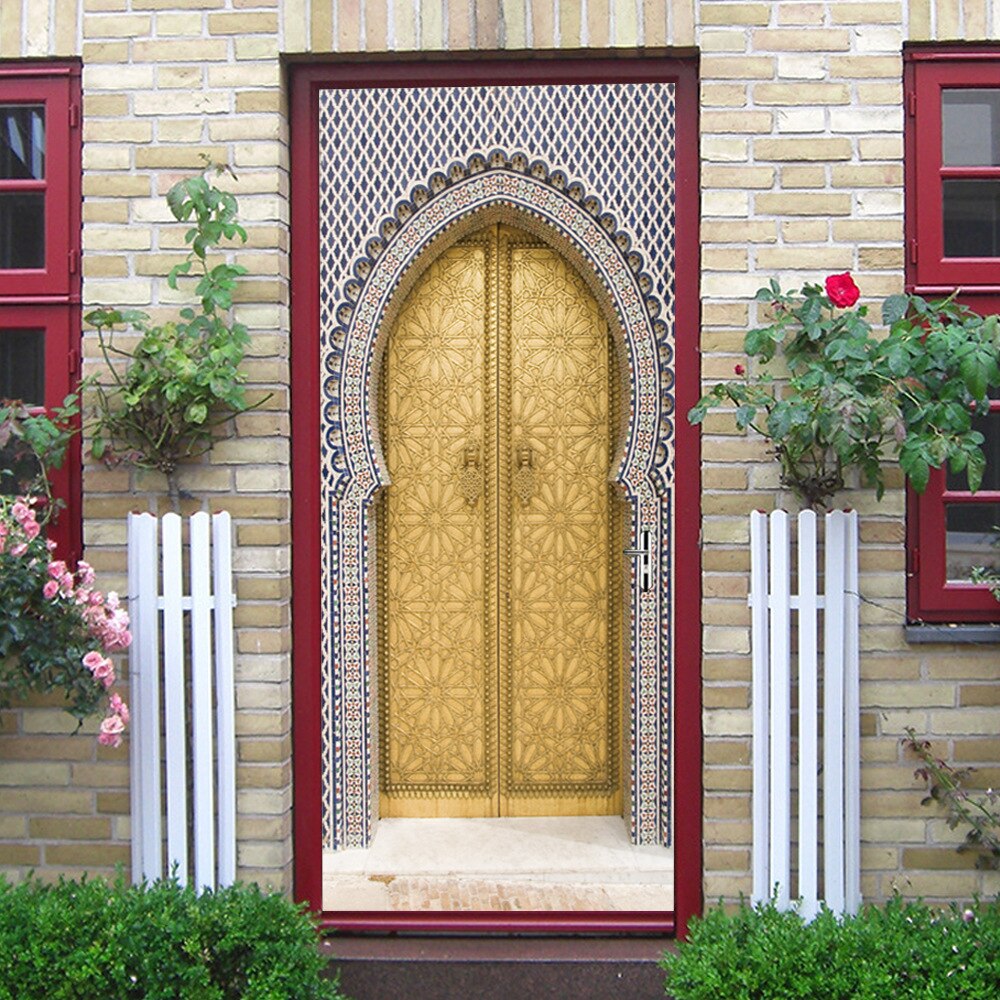 Pegatinas 3D para puerta, decoración del hogar, estilo árabe, pintura de pared de Puerta Dorada, calcomanías de papel tapiz, decoración del hogar para habitación