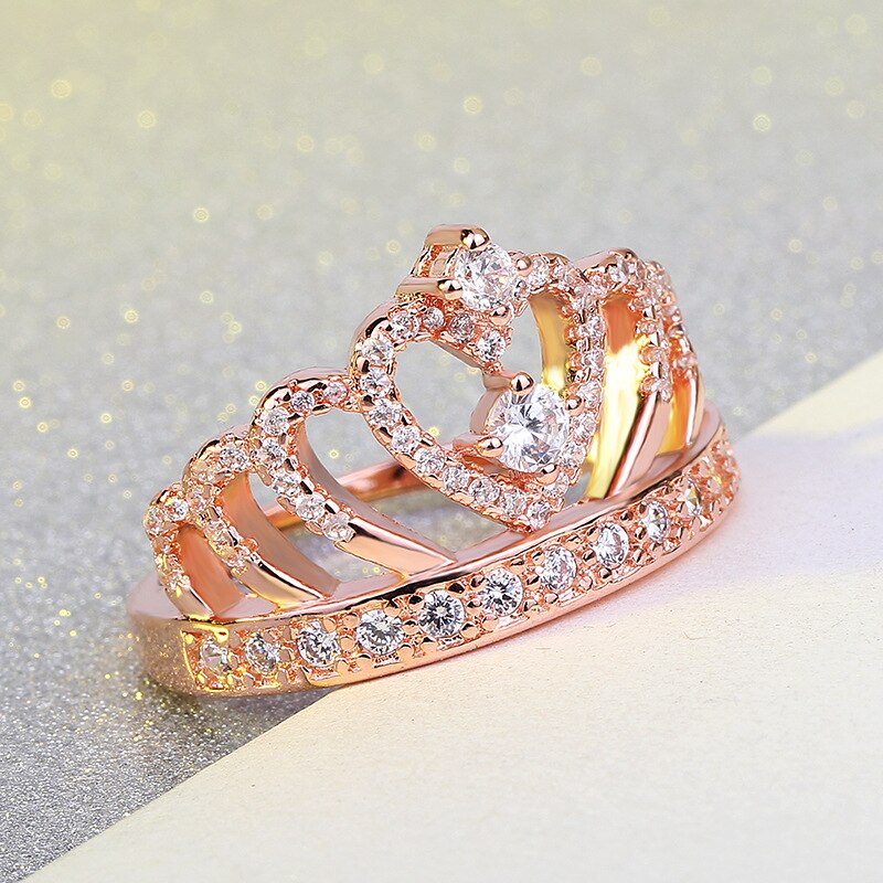 Anillos de boda con corona de corazón de plata de ley 925 romántica para mujer, con cristal transparente de 5A CZ, Plata de ley-joyería Anel