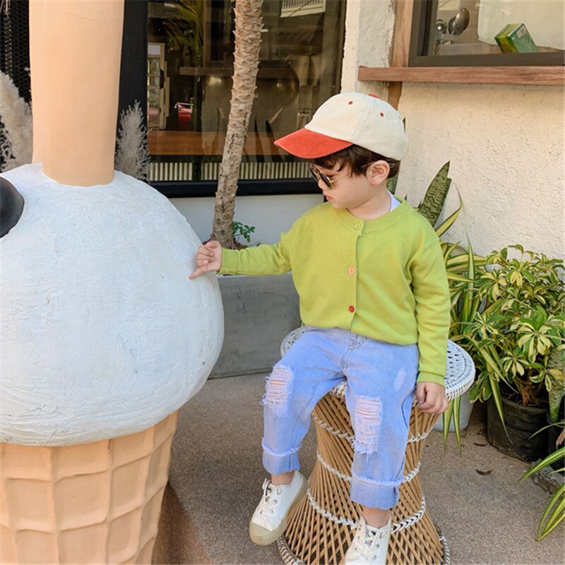 boys ripped jeans spring girls korean style Frilled denim pants 1-6 years kids trousers