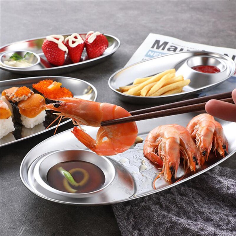 Kitchen Vegetable Plate Stainless Steel Fast Food Oval Sushi Shrimp Dumpling Kimchi BBQ Fast Food Seasoning Plate