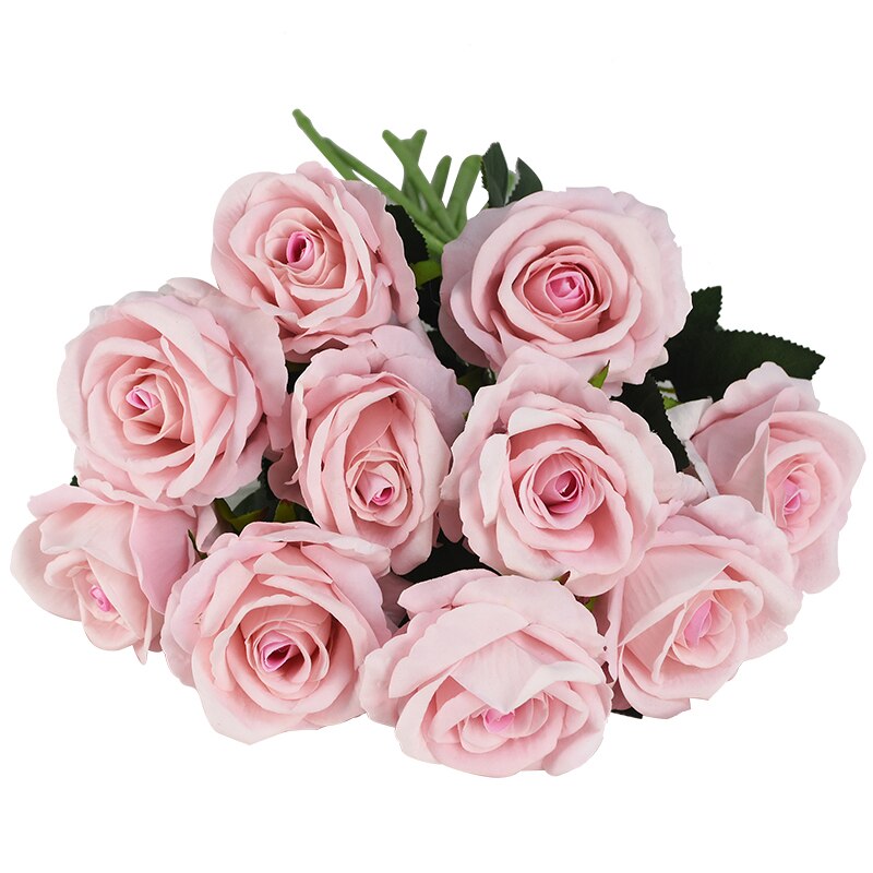 10 stk real touch rose blomster flannel blomster buket enkelt hoved rose kunstige blomster bundt til bryllup dekoration boligindretning: F02