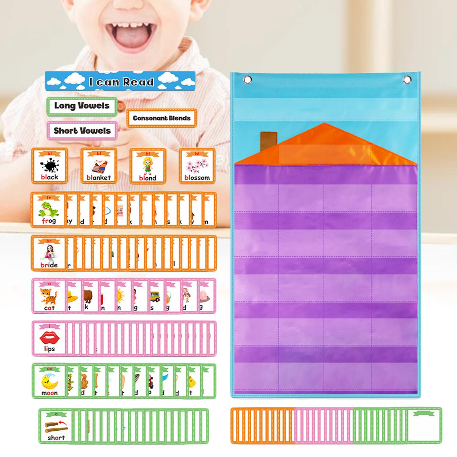 Wall Hanging English Grammer Pocket Chart with 154 Vowel Card Grammer Learning for Teaching Aid Teacher Classroom Centers
