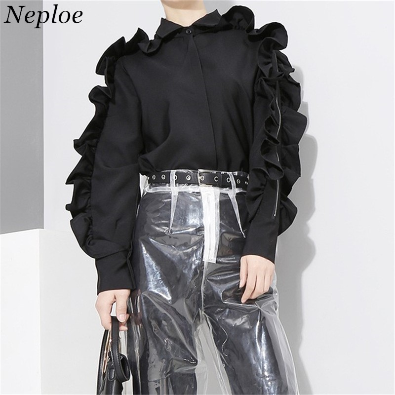 Neploe solide volants femmes chemises coréen nouvelle rue BF à manches longues Blouse décontracté col rabattu Blusas 66983