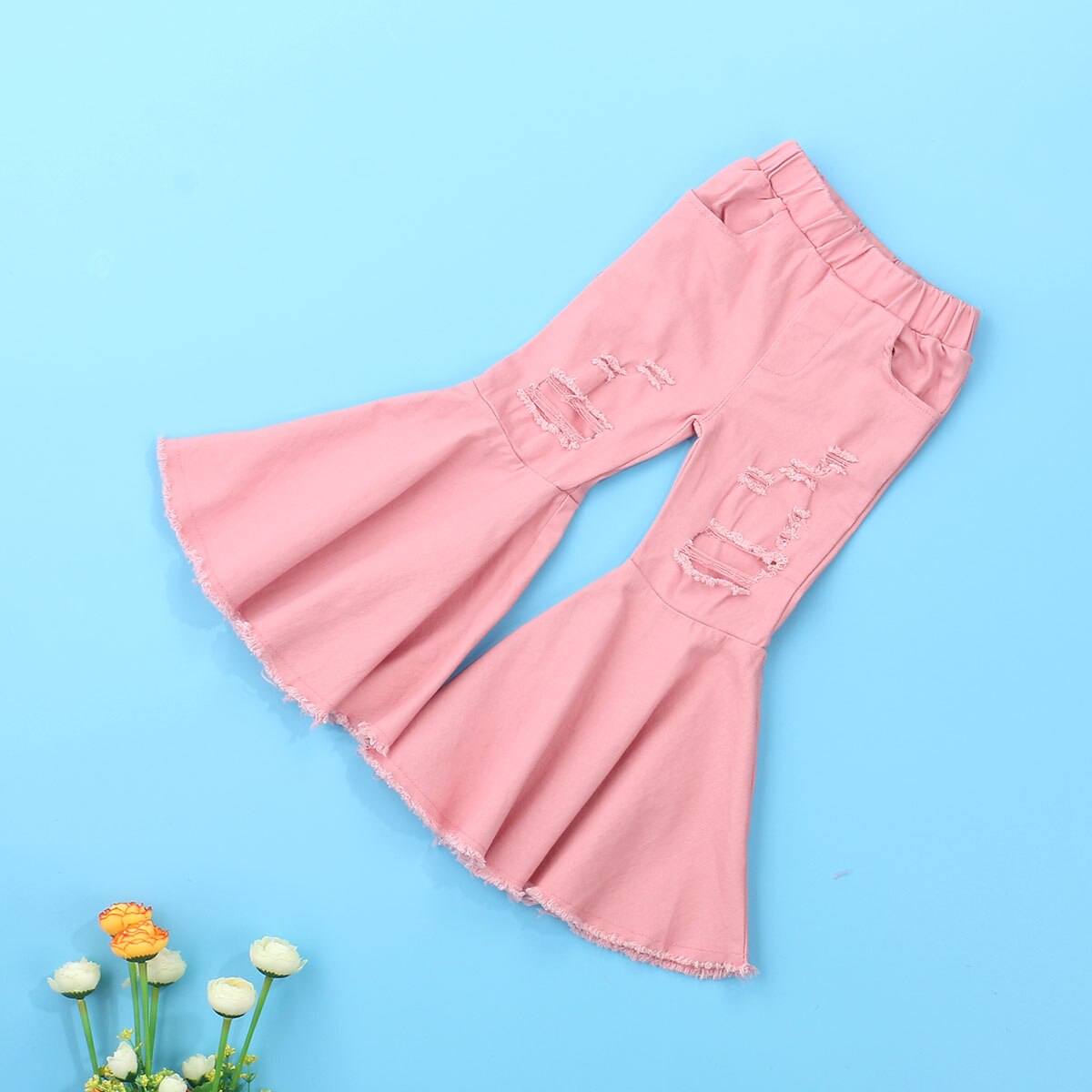 1-6Y pantaloni svasati per bambina Design a foro vita elastica con pantaloni in Denim tascabili pantaloni a campana occidentali