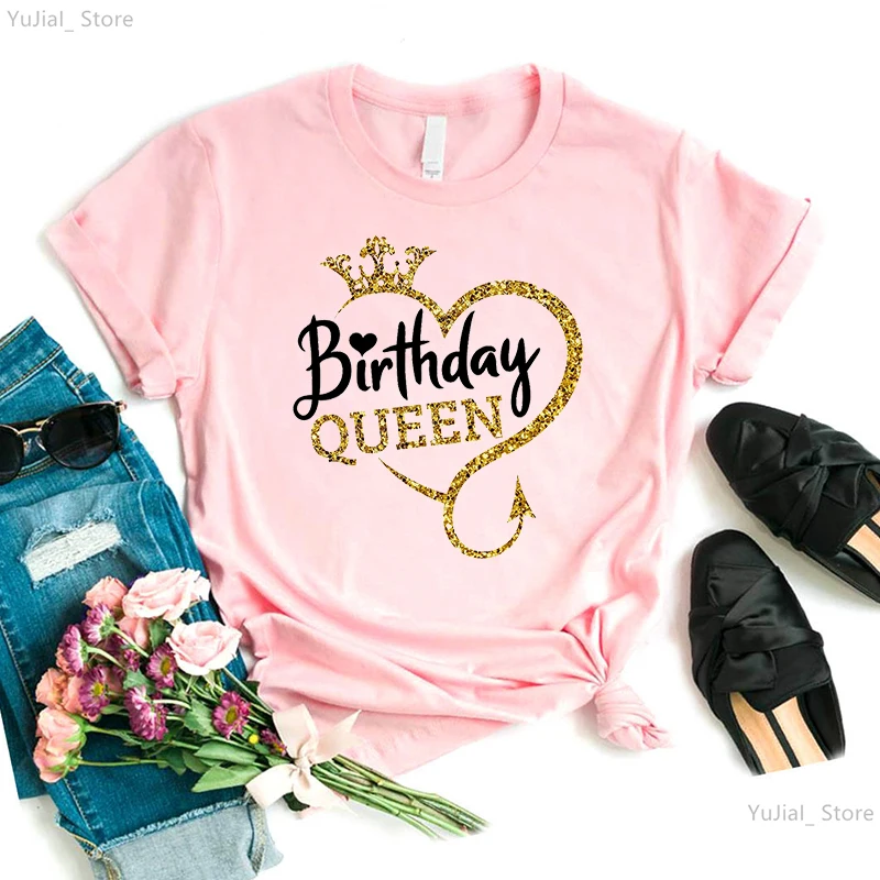 de cumpleaños para niñas, camiseta con estampado gráfico de reina de cumpleaños, ropa de mujer, camiseta gris/verde/amarillo/rosa/negro/blanco para mujer: S / Gris