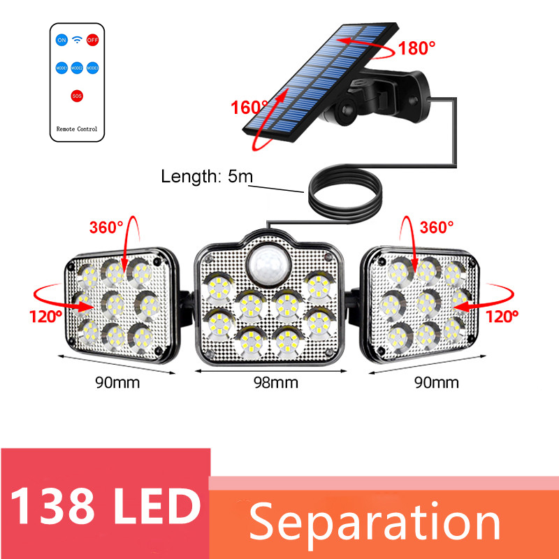 Solar Led Light Outdoor Waterproof Motion Sensor Solar Garden Lights 3 Heads Powerful Outdoor Lighting Solar Energy Wall Lamp: 138 SMD Separation