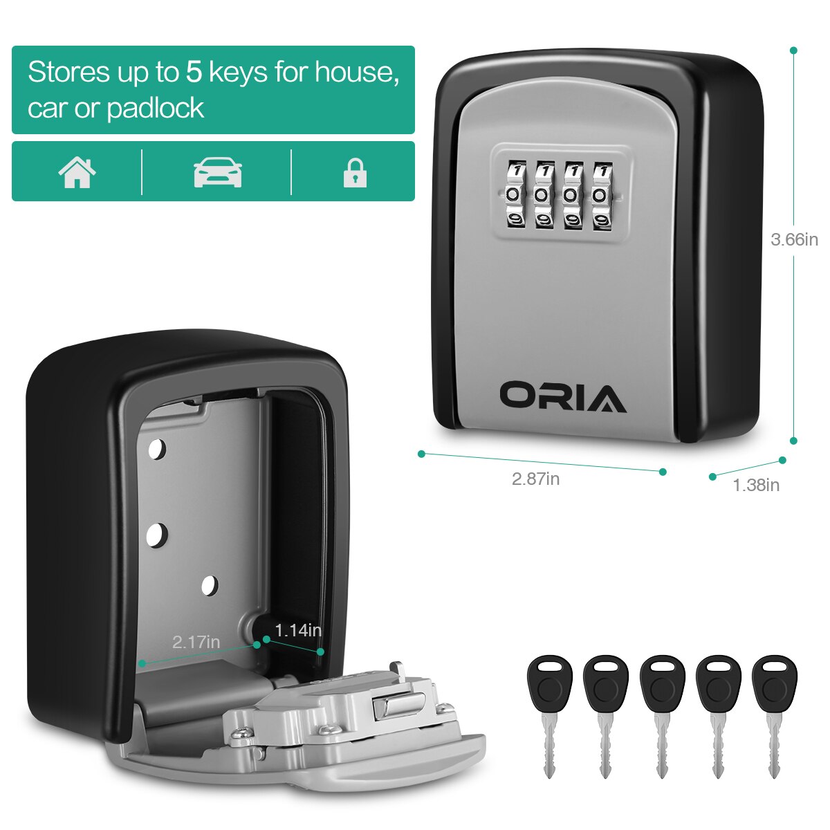 ORIA 4 Digit Combination Durable Key Storage Box Wall Mounted Safety Key Box Large Storage Capacity Safety Lock Box