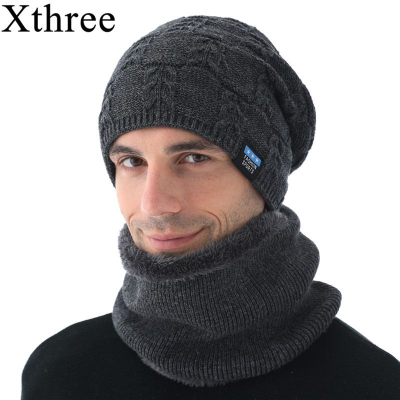 Xthree hommes bonnets hiver Skullies tricoté chapeau écharpe avec doublure laine mâle Gorras Bonnet hiver chapeaux pour hommes bonnets chapeaux