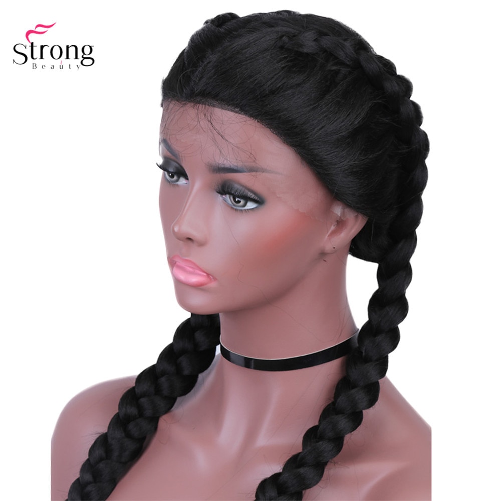 Perruque Lace Front Wig synthétique deux tresses françaises, perruque lace Wig longue noire avec cheveux de bébé pour femmes