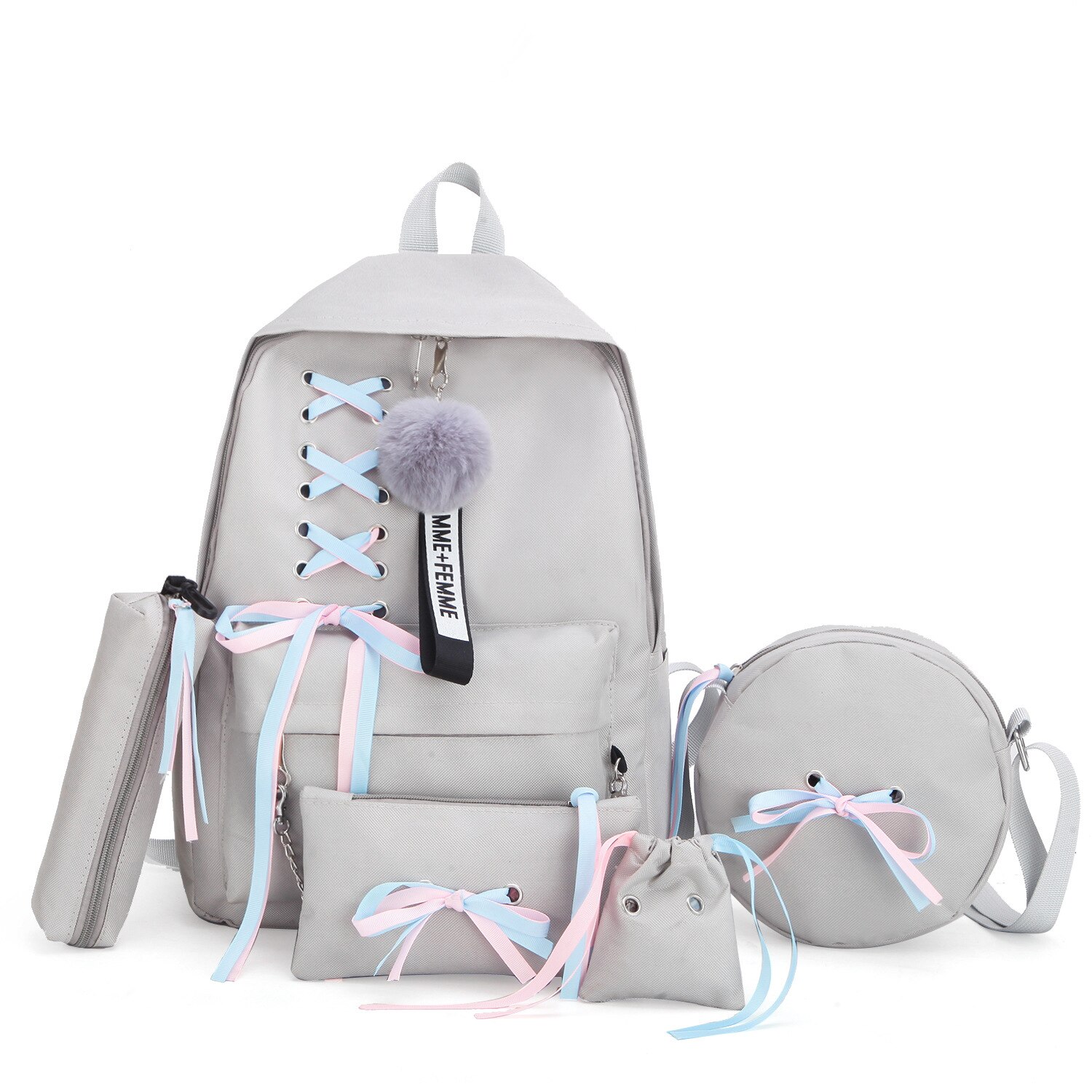 5 Stks/set Schooltas Voor Tiener Effen Rugzak Schooltas Vrouwen Student Zak Kant Boog Bundel Rugzak: gray-16 inch
