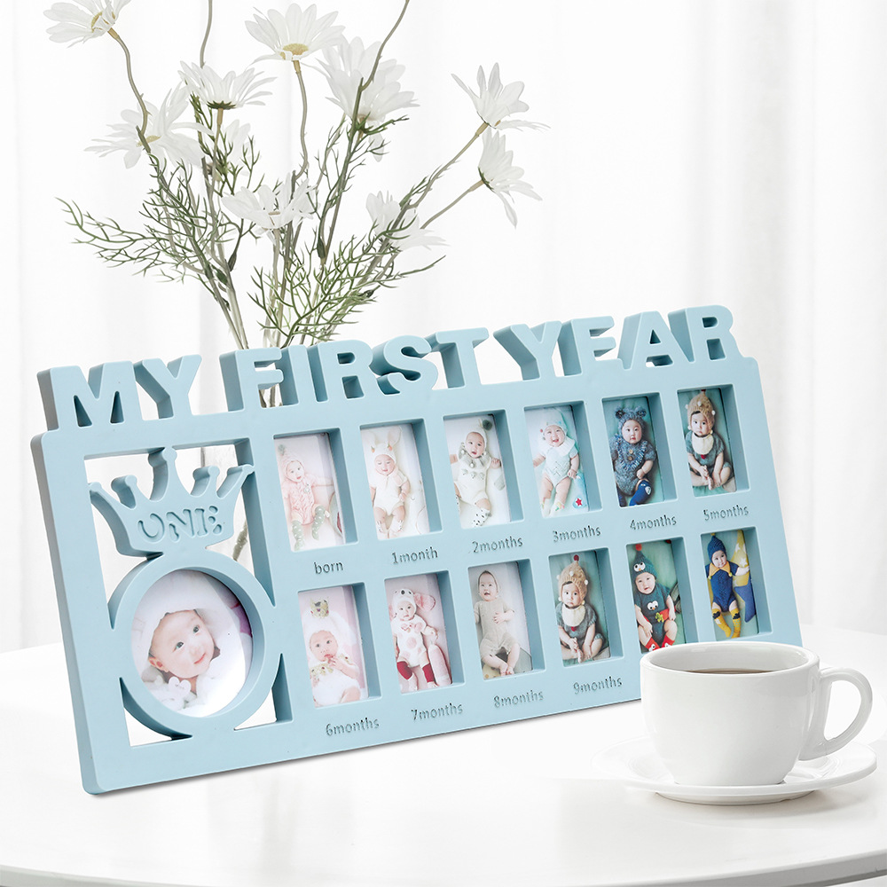 Handprint Footprint Photo Frame Baby Foot and Hand Print 12 Months Birth Sign Announcement Board Newborn Accessories Items: blue