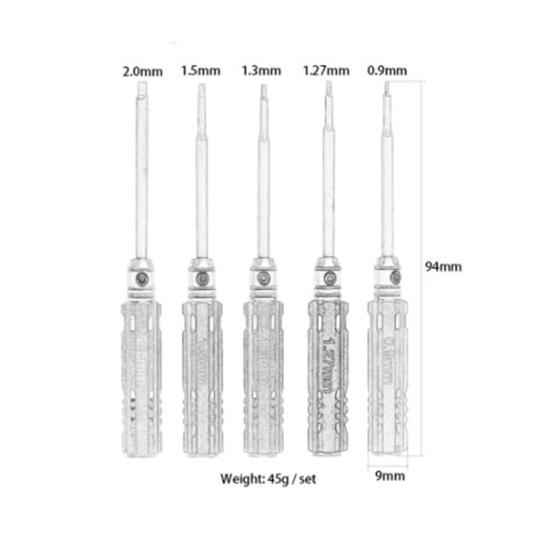 Y9RE Precision RC Screwdriver Set 0.9mm 1.27mm 1.3mm 1.5mm 2mm Hex Screw Driver Set HSS Hexagon Wrench Tool Kit 5 Pieces