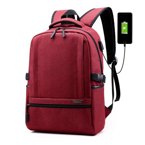 USB Charing Men Backpack Laptop Mochila Mujer Solid Student Travel School Bag For Men Business Large Shoulder Bags CJ995: Burgundy