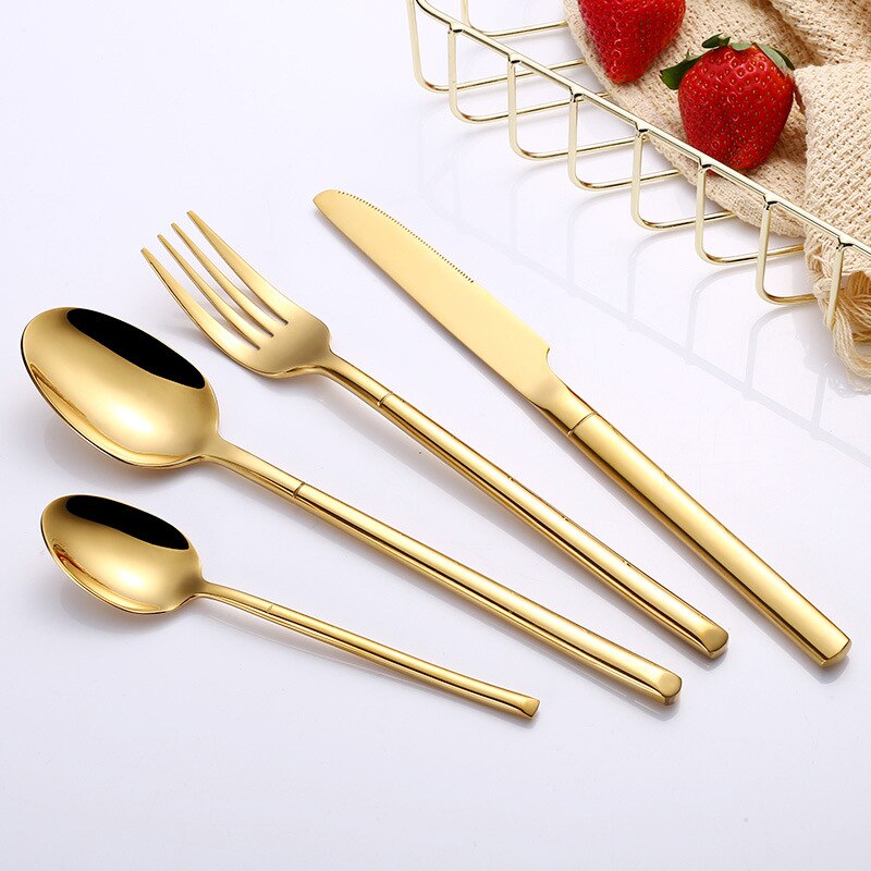 Spejl guld stål bestik sæt spisestel gaffel ske kniv sæt western restaurant rustfrit stål bordservice ske og gaffel sæt