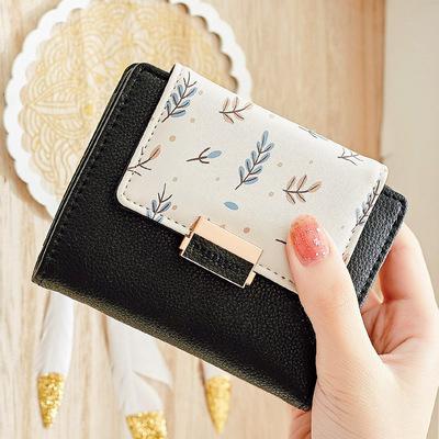 Fresh Flower Small Wallet Women Soft Leather Ladies Purse Brand Short Female Wallet Girl Cartera Coin Purse: Black