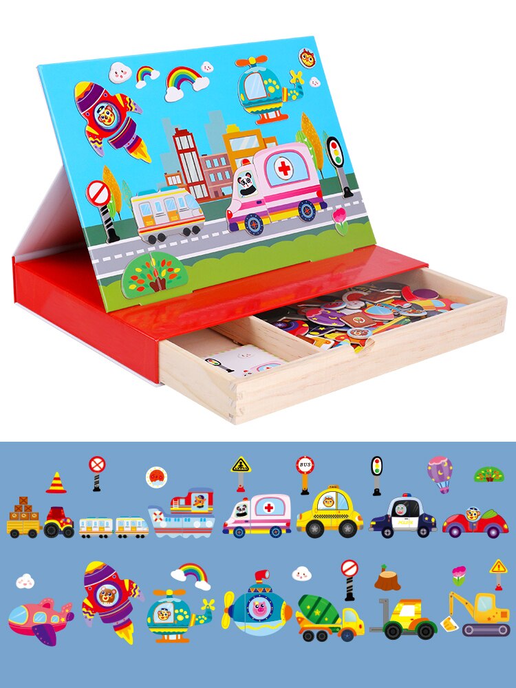 Kinderen Speelgoed Houten Speelgoed Cartoon Houten Magnetische Dier Verkeer Puzzel Tekentafel Leren Educatief Speelgoed Voor Kinderen