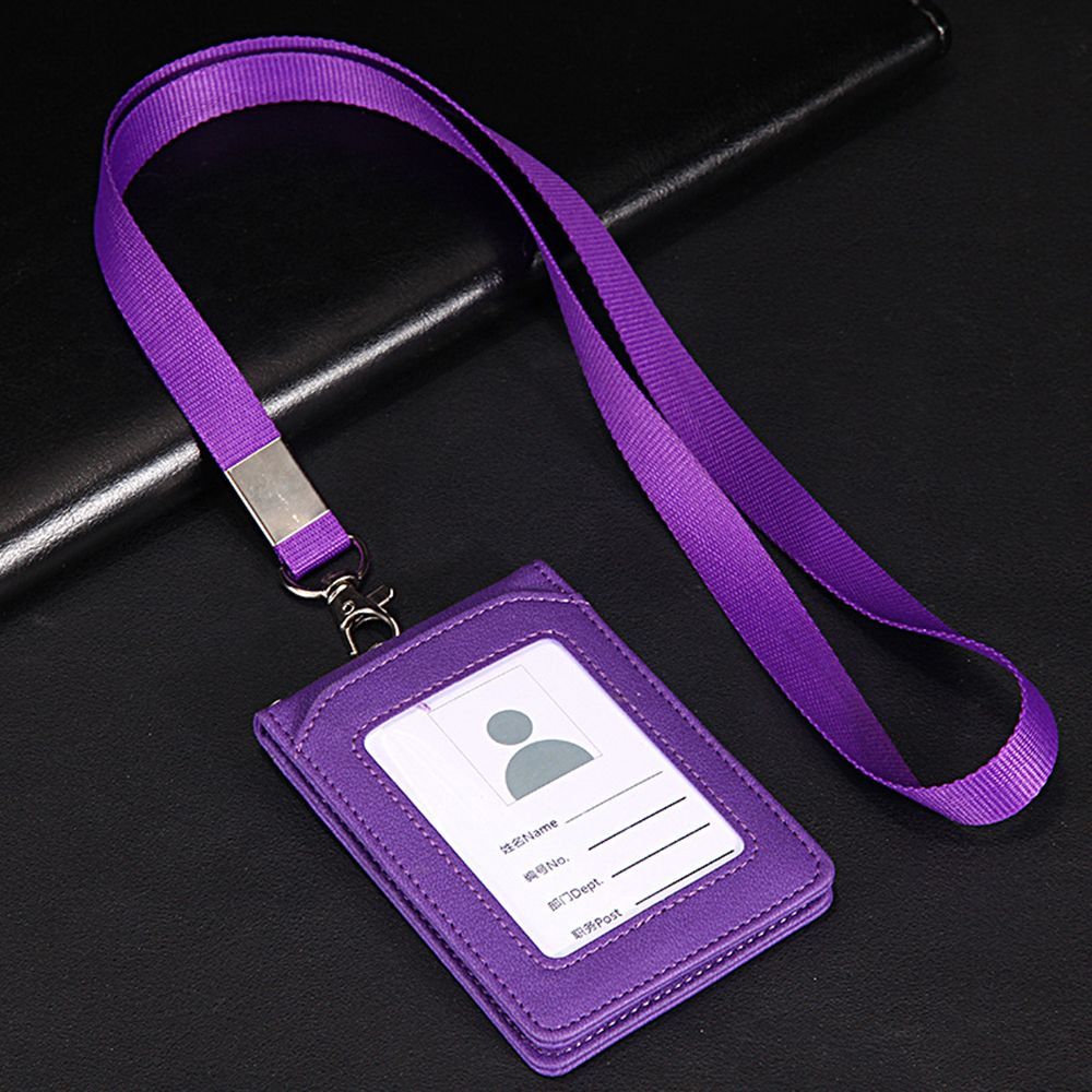 Leather Wallet Work Office Retractable Lanyard with Silica Gel Material ID Card Credit Card Badge Holder + Lanyard + 5 Slots: purple