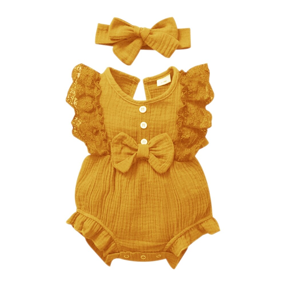Baywell – body à volants en dentelle pour bébés filles, joli nœud papillon + bandeau en coton et lin, combinaisons sans manches pour nourrissons, vêtements doux pour tout-petits: Y / 3-6 Months