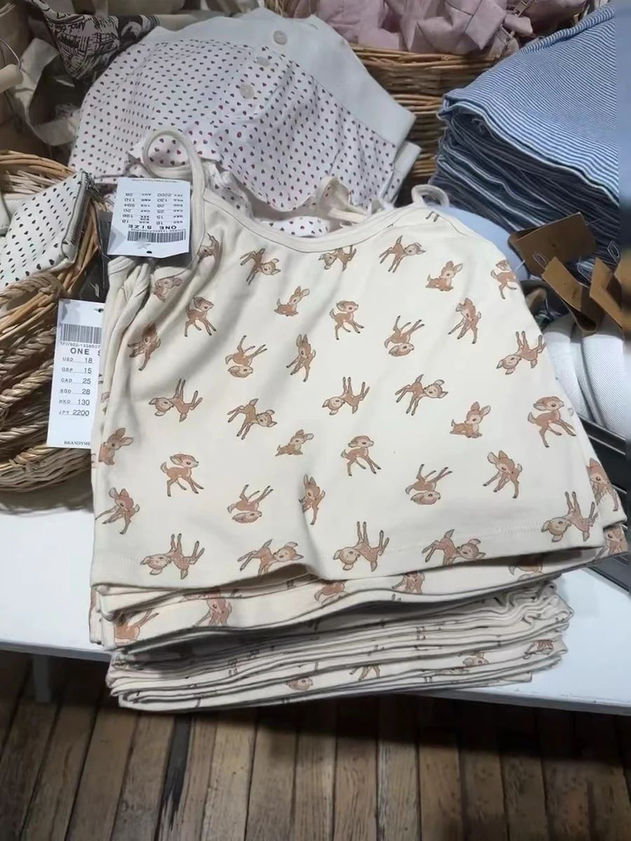 Söt liten hjorttryck smal crop top kvinnor sommar bomull ärmlös beskuren linne harajuku avslappnad söt linnen  y2k