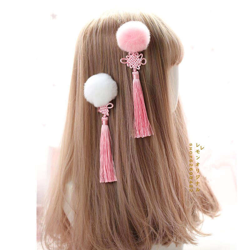 Pince à cheveux style chinois Lolita kawaii Cheongsam Hanfu, accessoires pour cheveux cosplay boule de cheveux, pince latérale pour pompon rose 1 paire