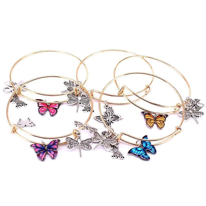 5Pcs Bangle Set Draad Armbanden Voor Vrouwen Meisjes Juwellen Vlinder Dragonfly Boog Bedels Armbanden Manchet Jewlery C044