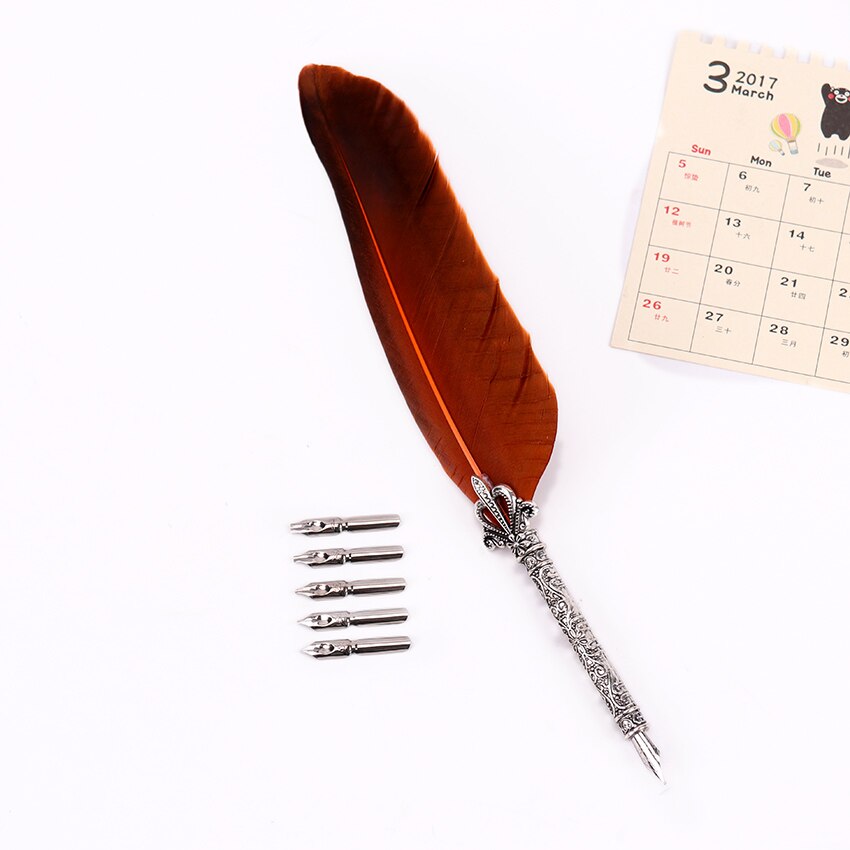 1 Set Feather Dip Fountain Pen Chancery Quill Writing Pens +5pcs Nib Carved Metal For Fancy Font Calligraphy Pen: Orange