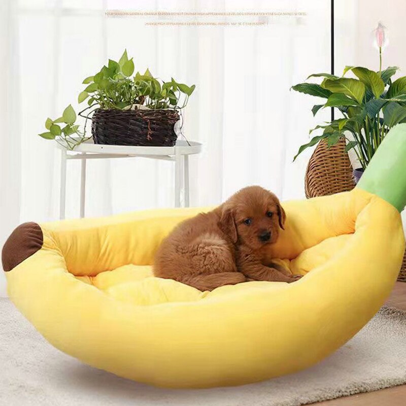 Cama con forma de plátano para mascotas, cojín suave de felpa, cálido y duradero, cesta portátil para mascotas, perrera, accesorios para gatos