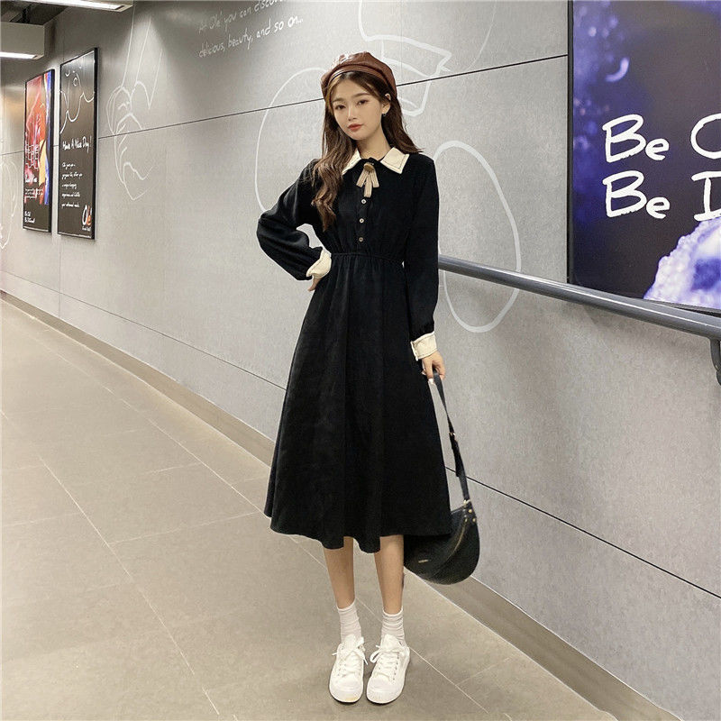 Houzhou Elegante Jurk Vrouwen Zoete Preppy Stijl Lange Mouw Jurk Fairy Vintage Casual Losse Outfits Party Koreaanse Lente Herfst: Black / S