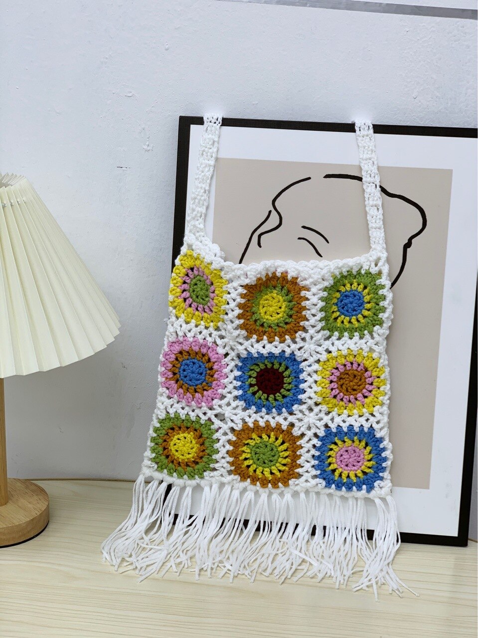 Zomer Kwastje Bloemenprint Gehaakte Shopper Tas Breien Hollow Out Schouder Strandtas Casual Luiheid-Stijl Handtas Voor Vrouwen: White