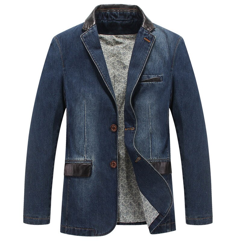 Men&#39;s Jackets Denim Outwear Spring Autumn Clothing Male Blazers Suits Jeans Patchwork Leather Slim Coat Blazer Terno Masculino: Blue / 4XL