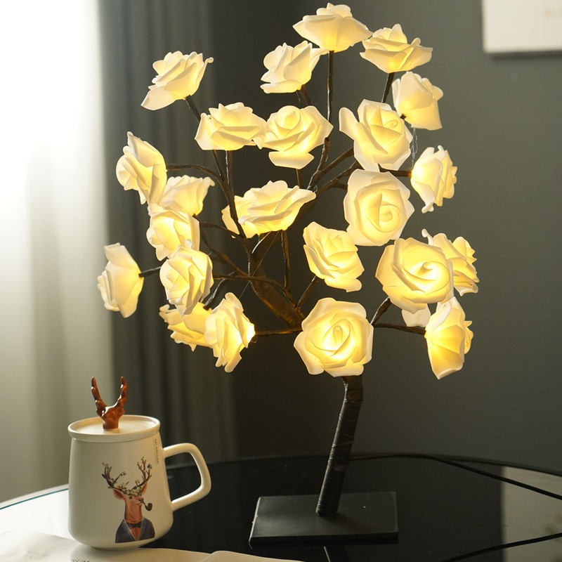 Lámpara de mesa 24LED, árbol de flores rosas, luces nocturnas USB, decoración navideña, para habitación de niños, iluminación de flores rosas, decoración del hogar: Blanco