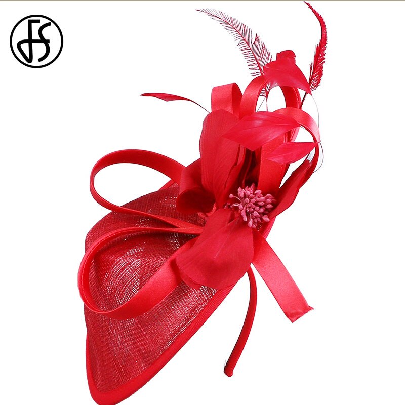 FS Red Hats For Women Fascinator Derby Flowers Sinamay Pillbox Hat Ladies Cocktail Church Fedora Chapeau Femme Feutre