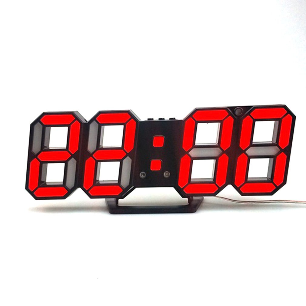 3D Electronic LED Wall Clock Modern Voice Control Digital Table Nightlight Display Hanging Alarm Clock Home Living Room Decor: Red-black