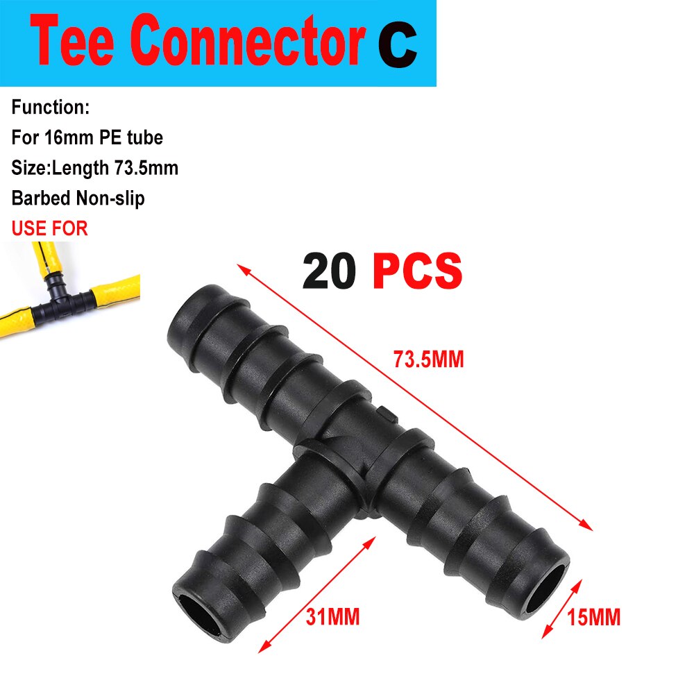20/50pcs Micro Drip Irrigation Connectors End Plug Tee Elbow Equal Barb Connector 16mm 20mm Hose Folding Clip Micro Drip Adapter: C x 20 pcs x 73.5mm