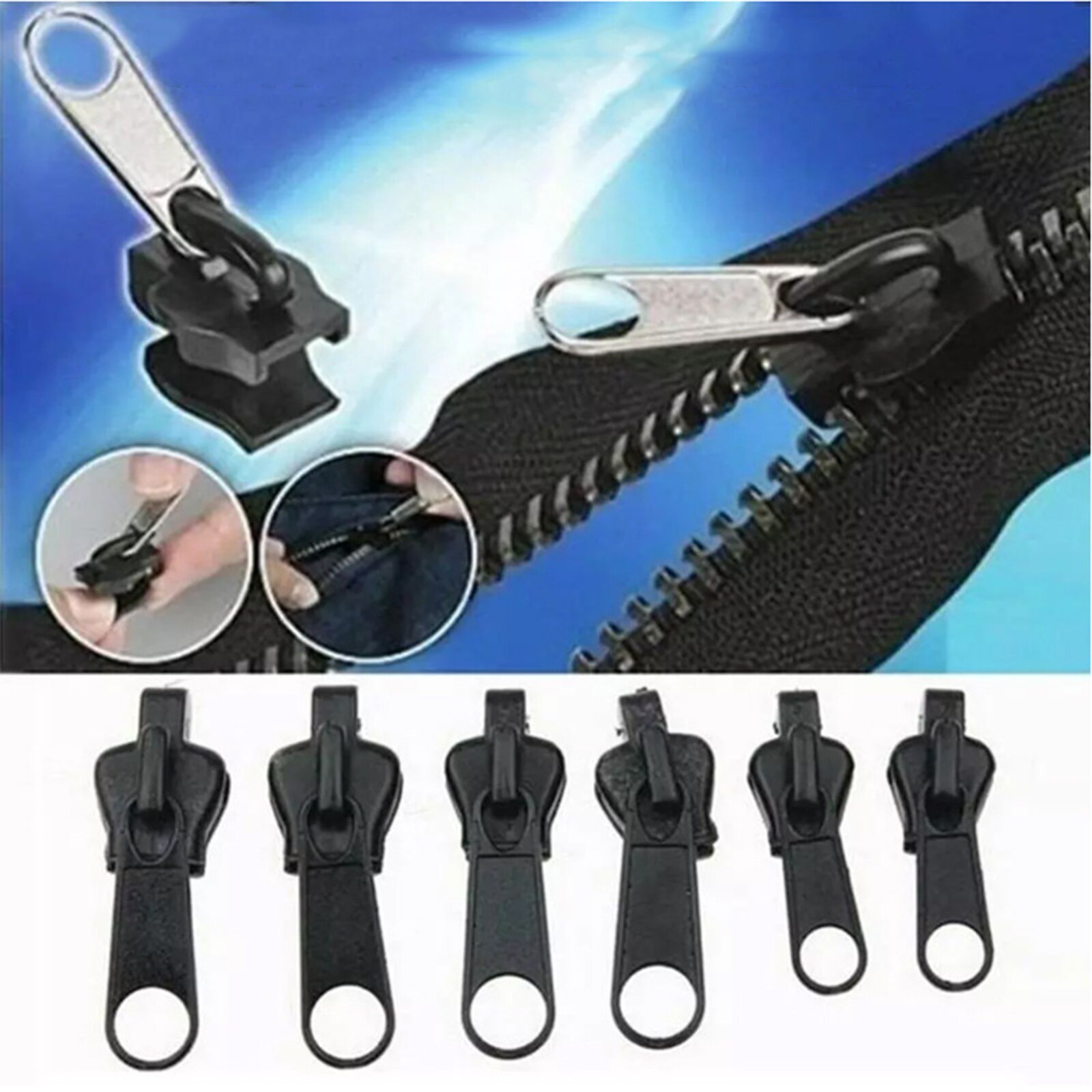 Deslizadores de cremallera universales de fijación instantánea, Kit de rescate de dientes de cremallera, reparación de cremalleras para costura a medida, herramienta a granel, 6 uds.