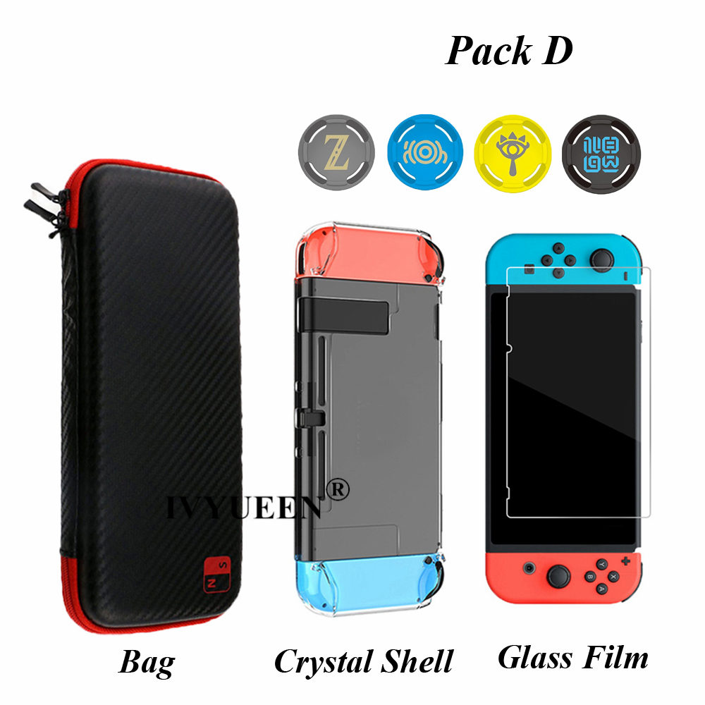 IVYUEEN para la consola Nintendo Switch NS bolsa de almacenaje de transporte protector de pantalla de vidrio templado Shell + funda de silicona para Joy-Con: Pack D