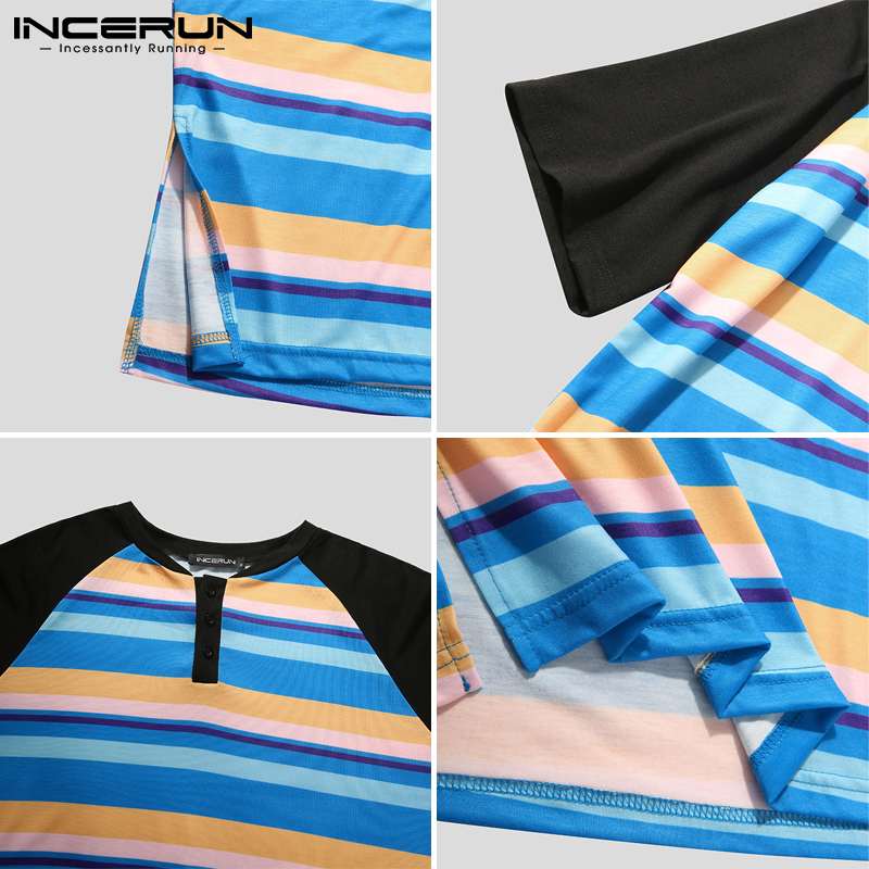 Men Robes Striped Patchwork O Neck Short Sleeve Leisure Bathrobe Homewear Nightgown Loose Cozy Men Loungewear S-5XL INCERUN